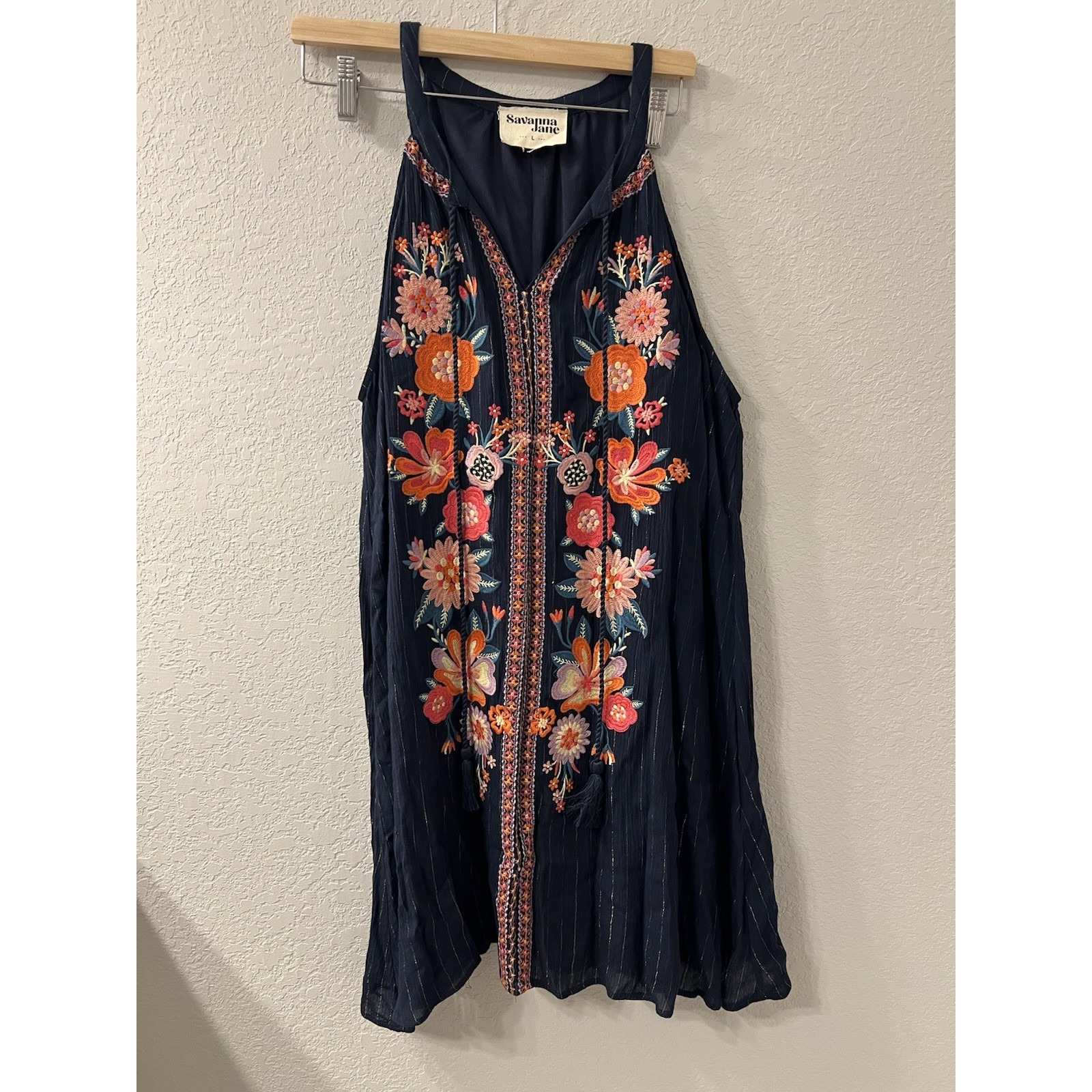 Savanna Jane Dress Navy Gold Metallic Stripes Floral Embroidery Size L